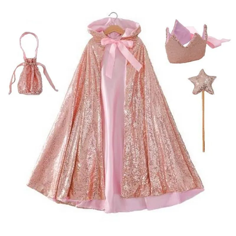 Star Queen Sequins Hooded Long Cloak, Fabric Crown, Bag and Wand