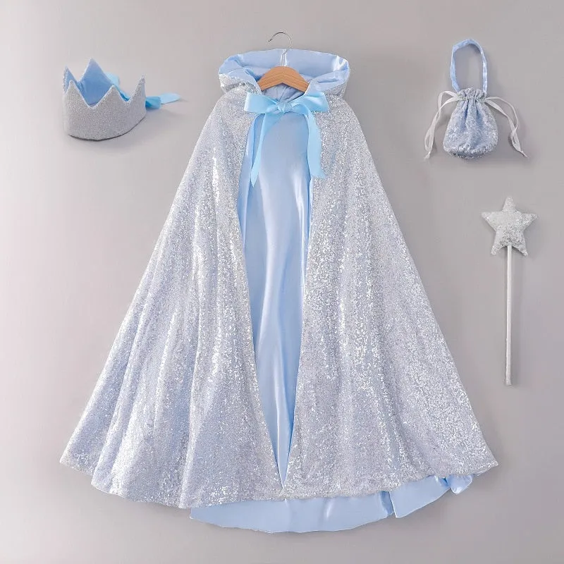 Star Queen Sequins Hooded Long Cloak, Fabric Crown, Bag and Wand